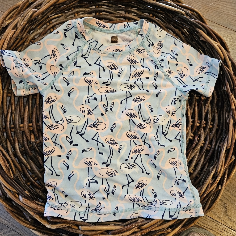 Tea Collection Girls Rash Guard Swim Top Size 4 - Flamingo Print - UPF 50+